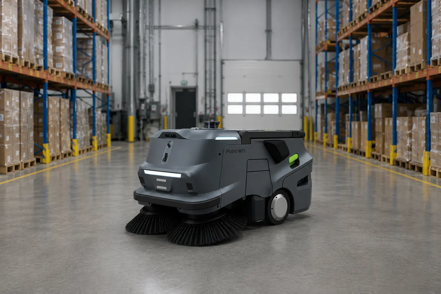 PUDU MT1 AI-powered robotic sweeper operating in a large commercial or industrial facility