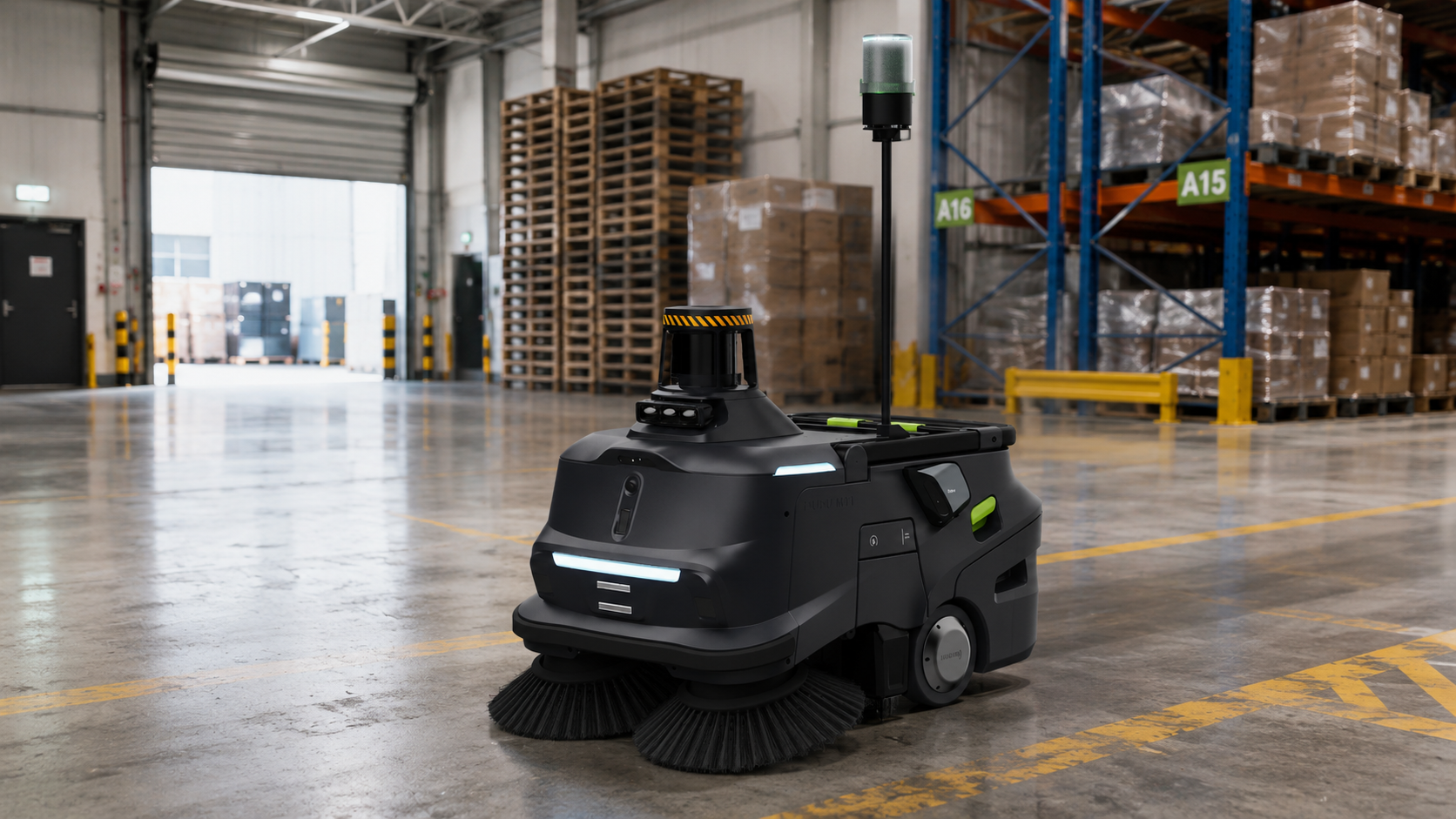 PUDU MT1 Max autonomous robotic sweeper in a commercial or industrial environment