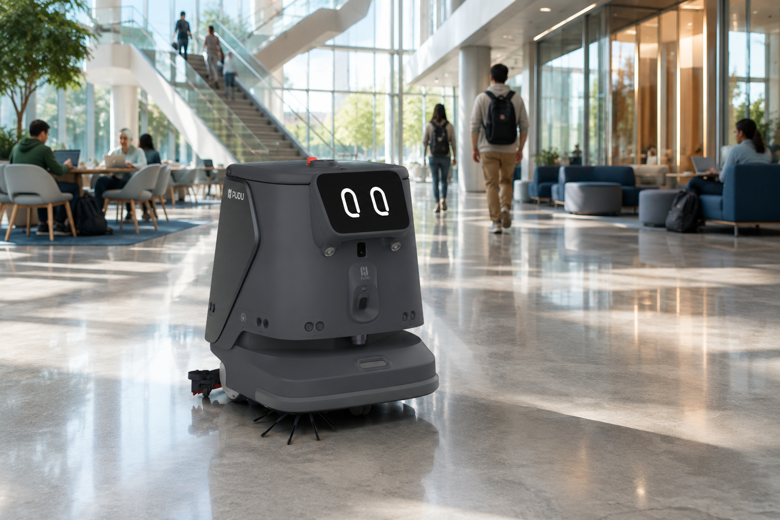 PUDU CC1 Pro autonomous commercial cleaning robot operating in a large indoor facility
