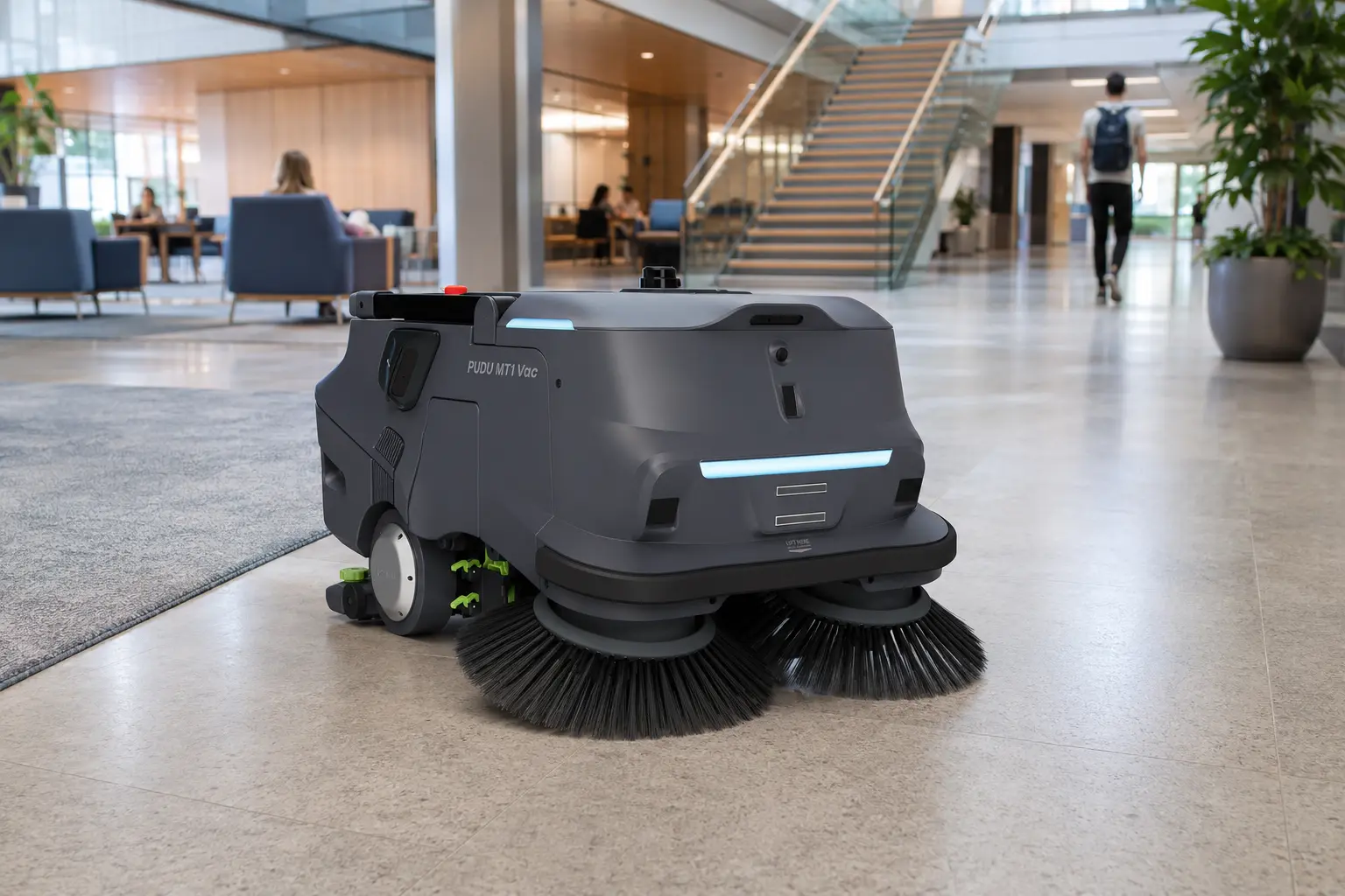 PUDU MT1 Vac commercial robot vacuum operating in a large mixed-floor indoor facility