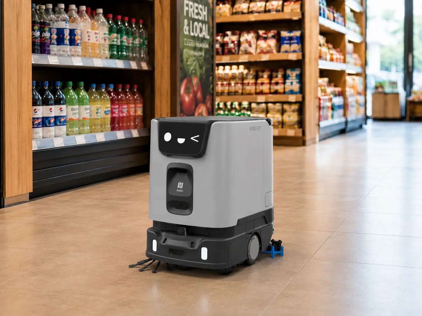 PUDU ET1 compact autonomous robotic scrubber dryer in a commercial environment