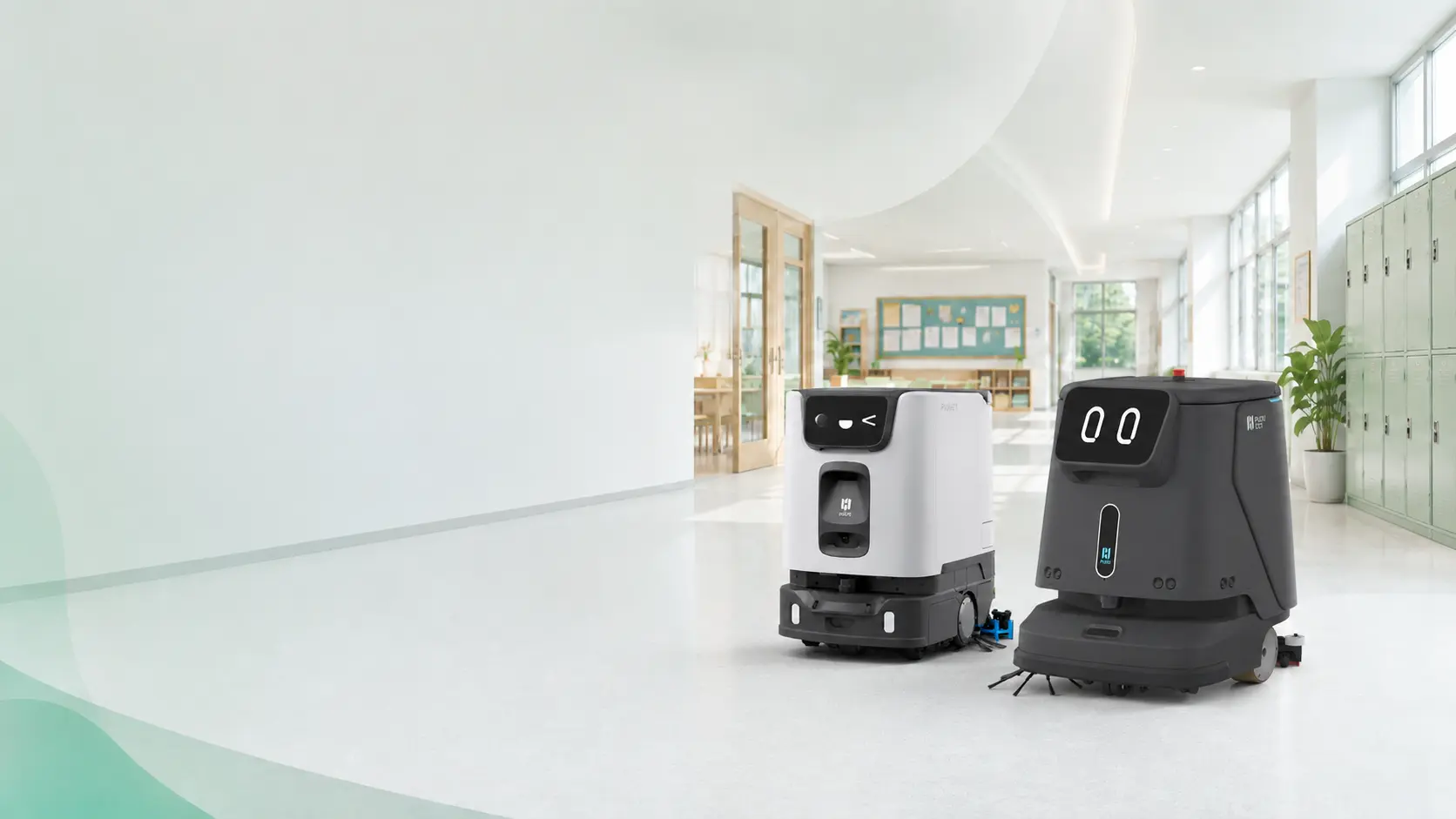 PUDU CC1 and PUDU ET1 cleaning machines in a school environment