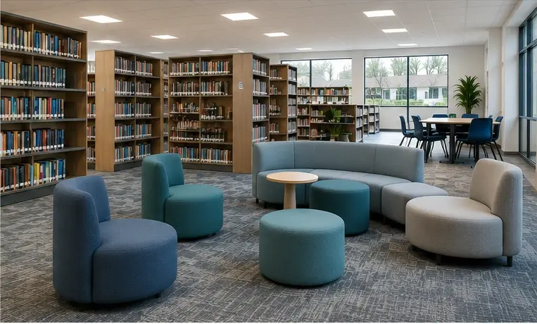 Carpeted library and communal education space