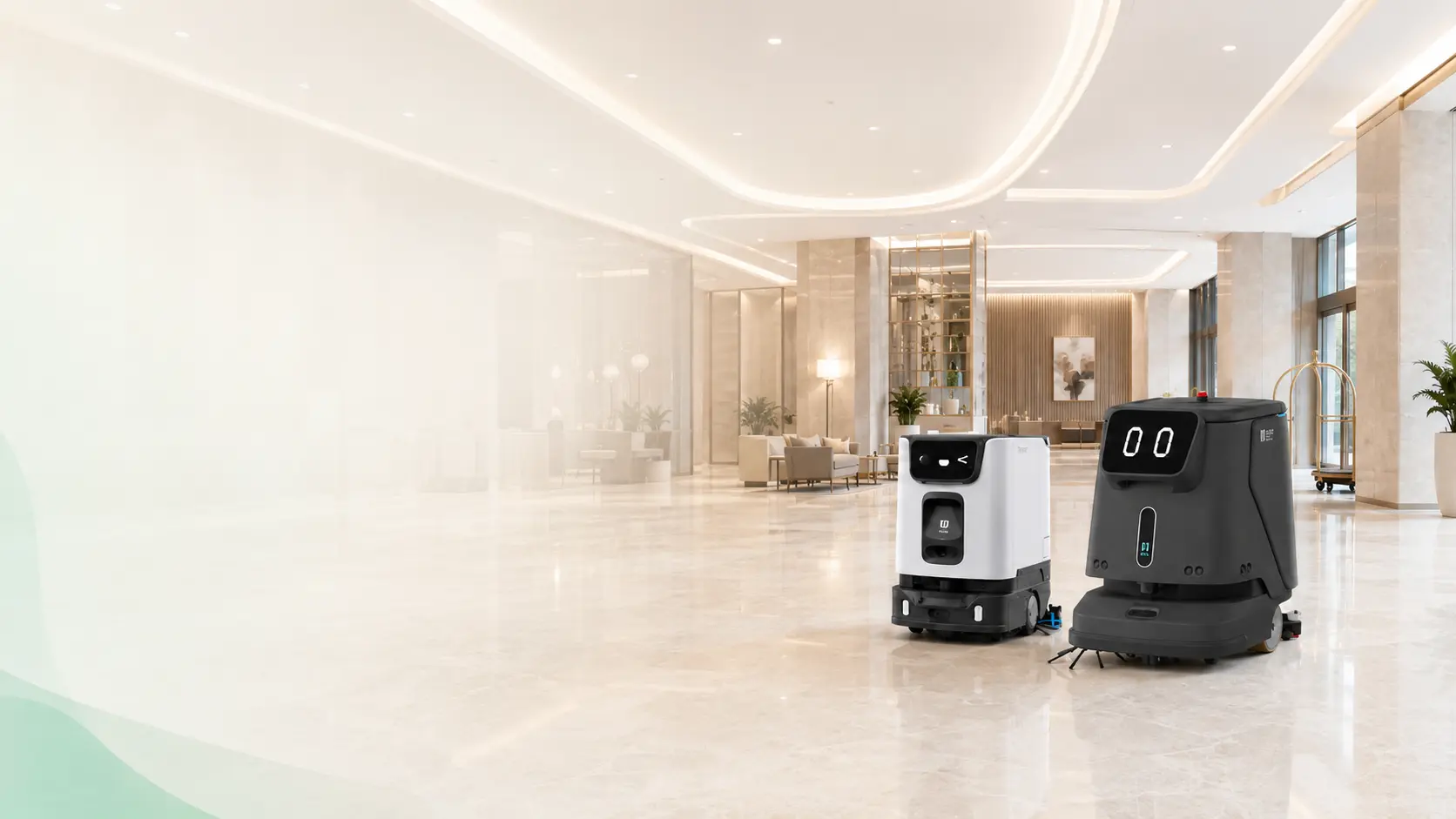 PUDU CC1 and PUDU ET1 cleaning machines in a hotel lobby