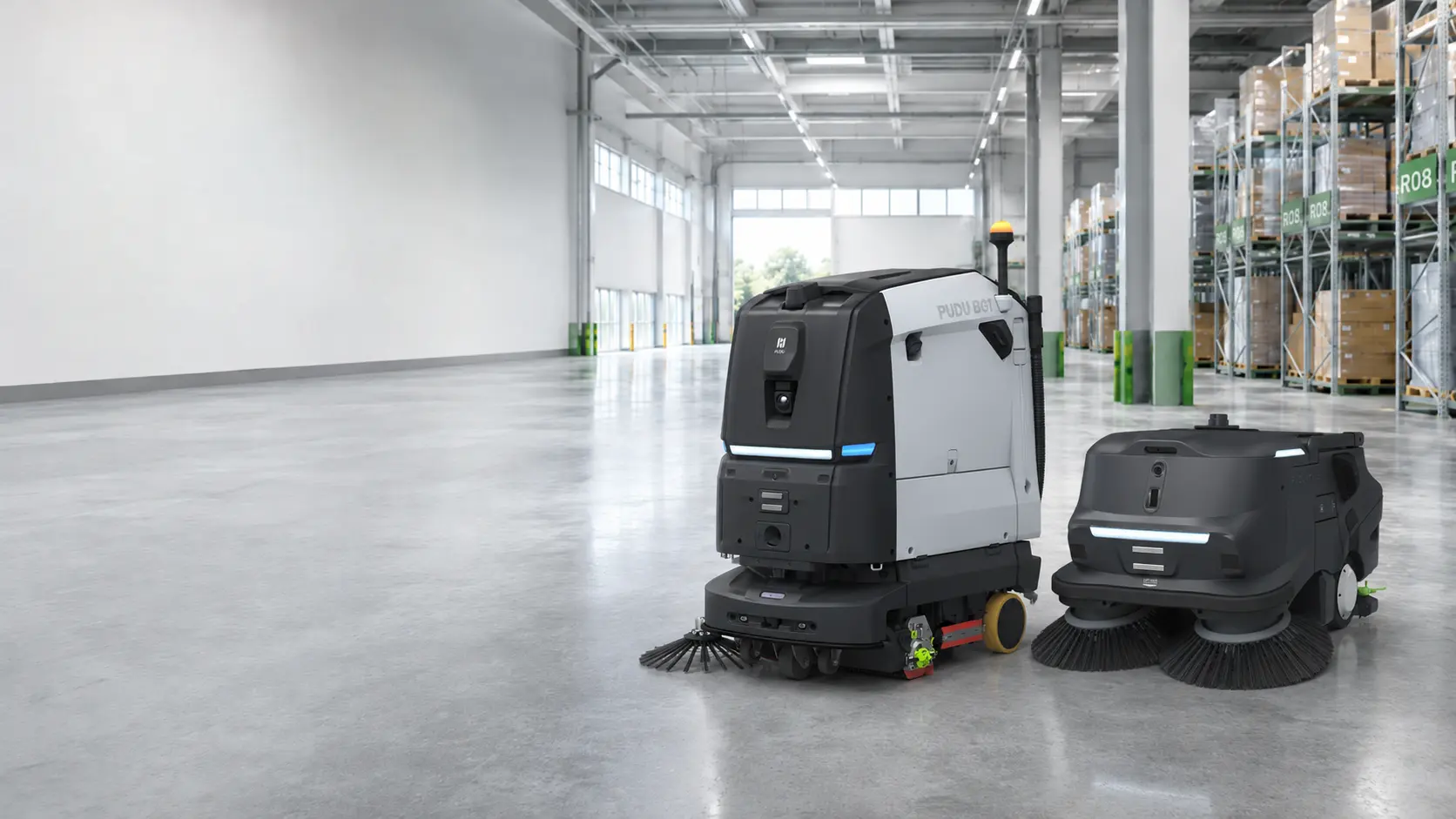 PUDU BG1 and PUDU MT1 cleaning machines working in a warehouse aisle