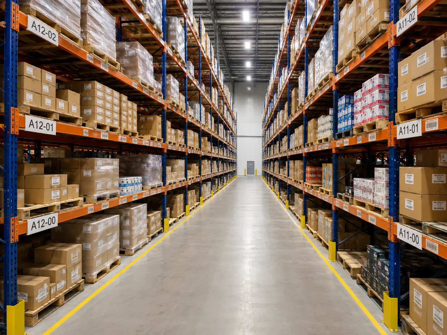 Warehouse racking aisle with a hard floor being cleaned