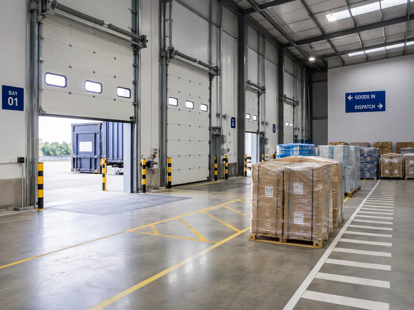 Cleaning robot working in a warehouse loading bay