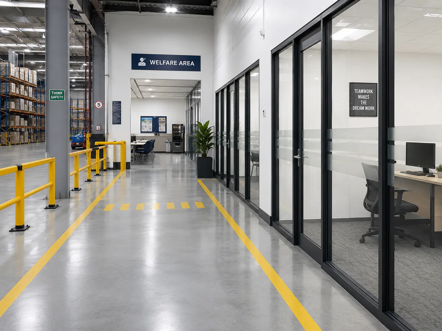 Pedestrian walkway and welfare area in a warehouse