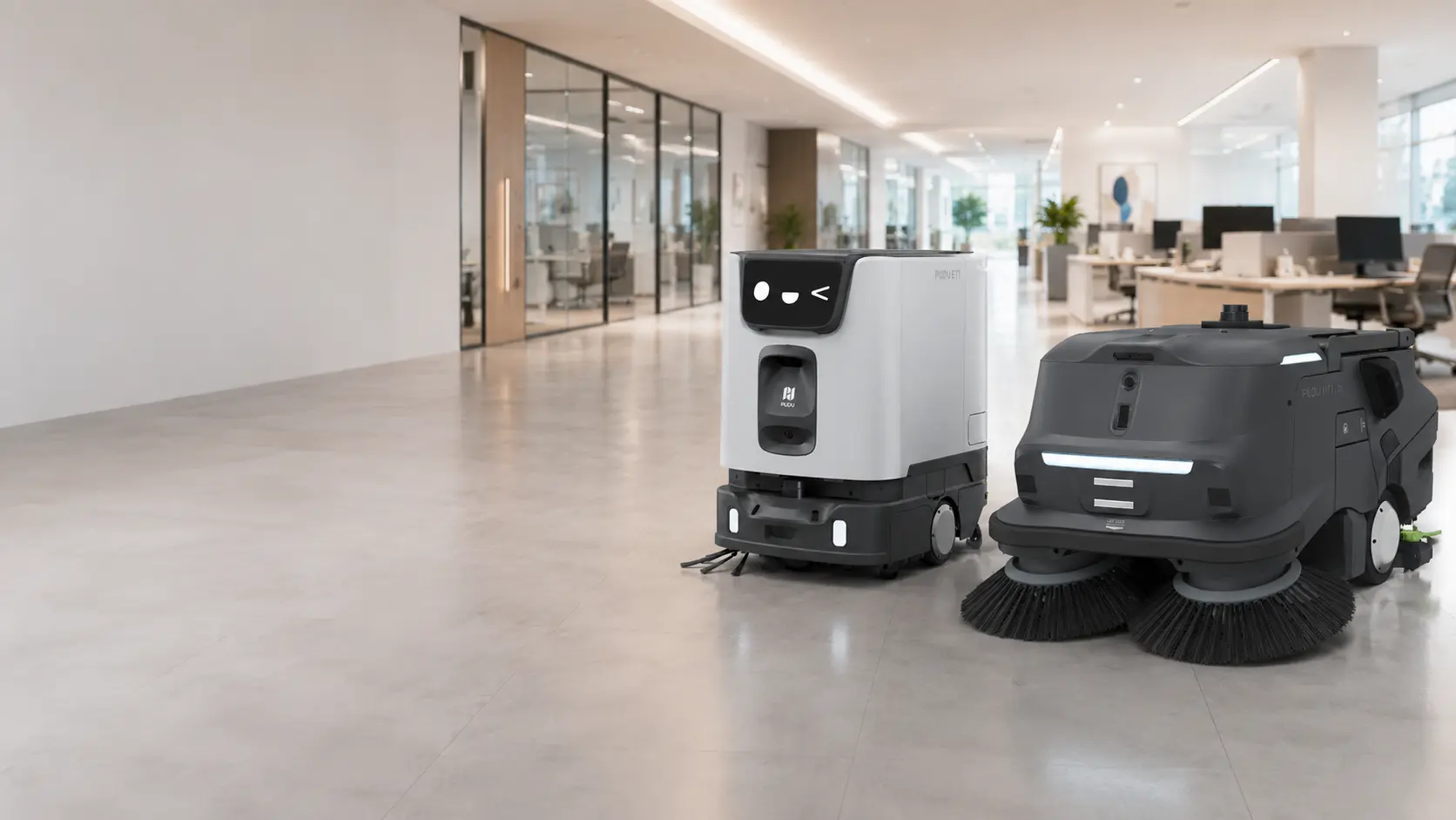PUDU MT1 Vac and PUDU CC1 cleaning machines working in an open-plan office
