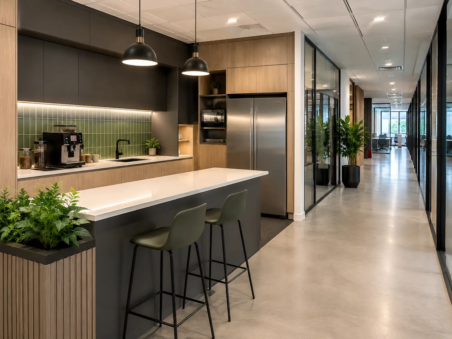 Office kitchen teapoint and corridor with a hard floor