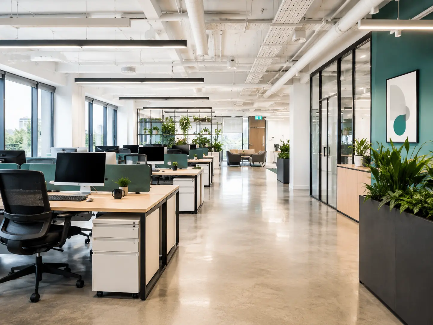 Cleaning robot working across open-plan office desks
