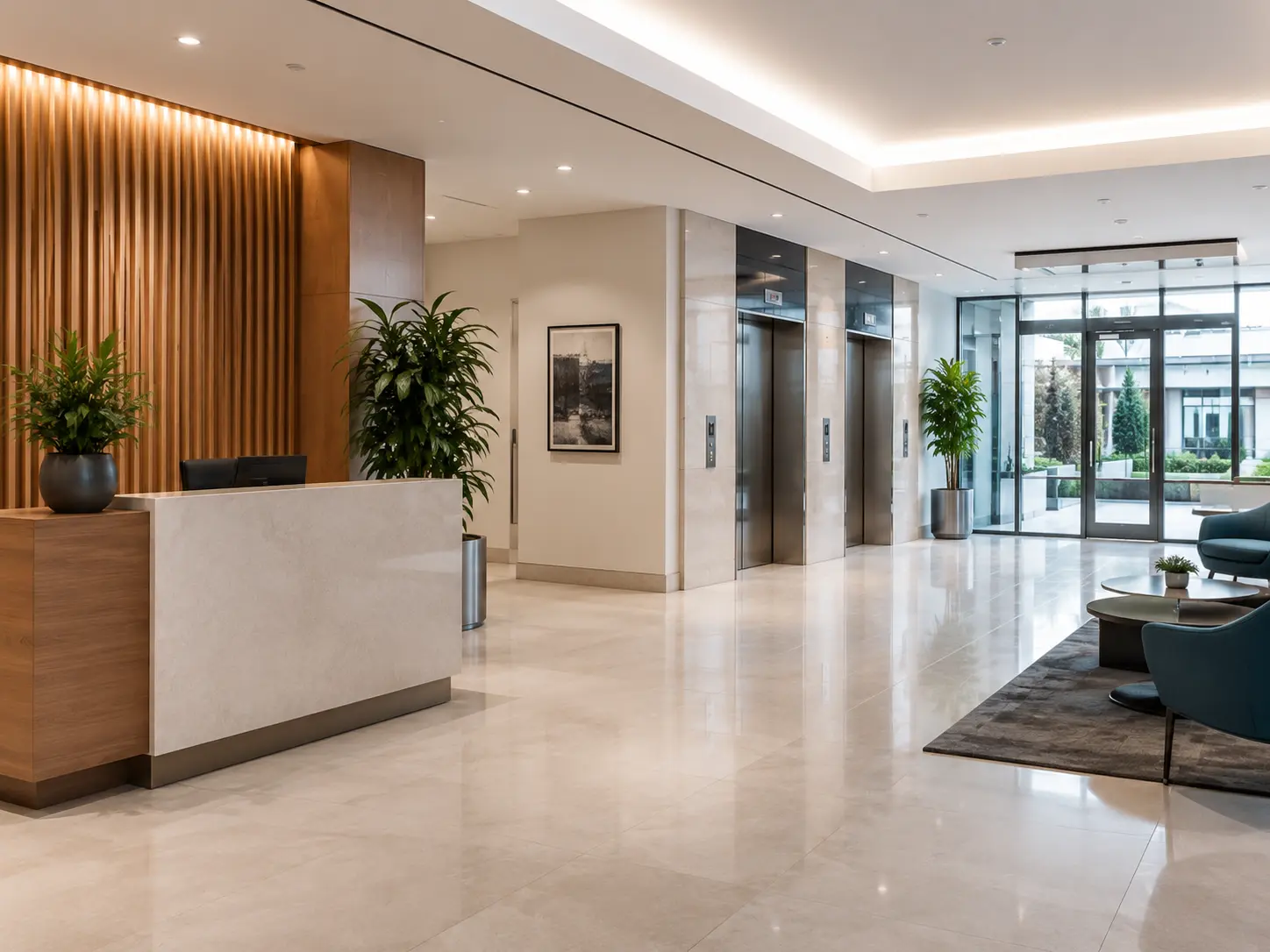Open-plan office floor with carpeted desk areas