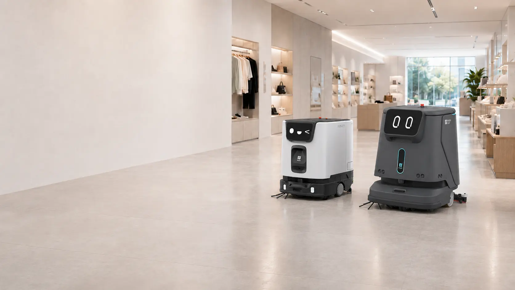 PUDU CC1 and PUDU ET1 cleaning machines working in a retail store aisle