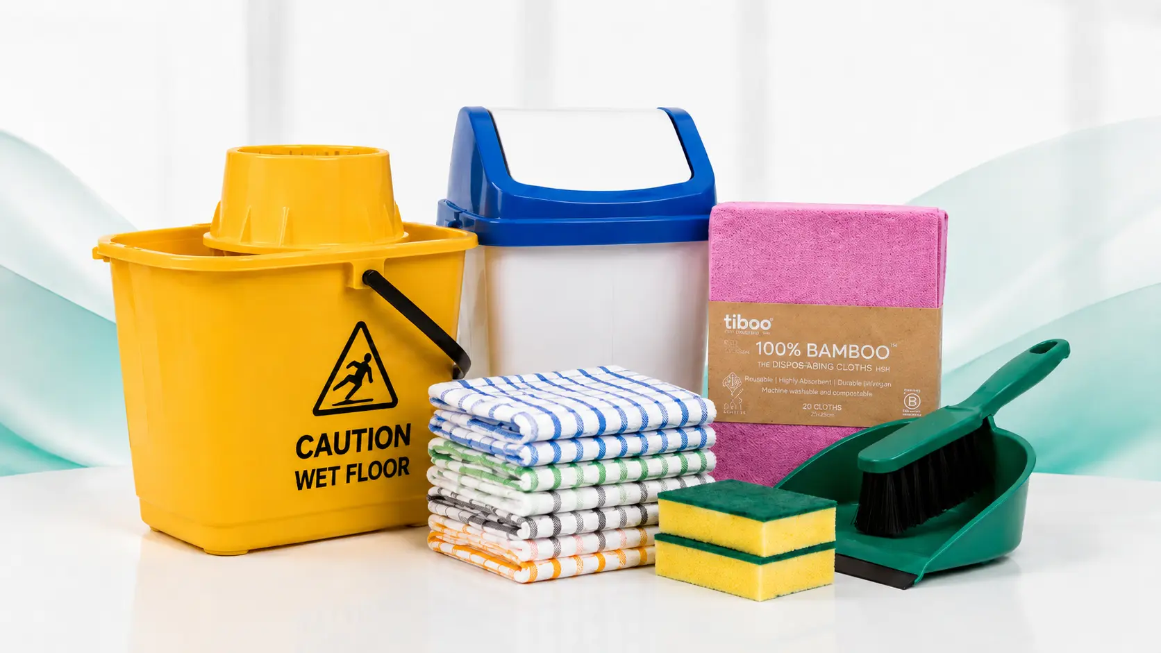 Janitorial supplies including mops, brushes, cloths and refuse sacks