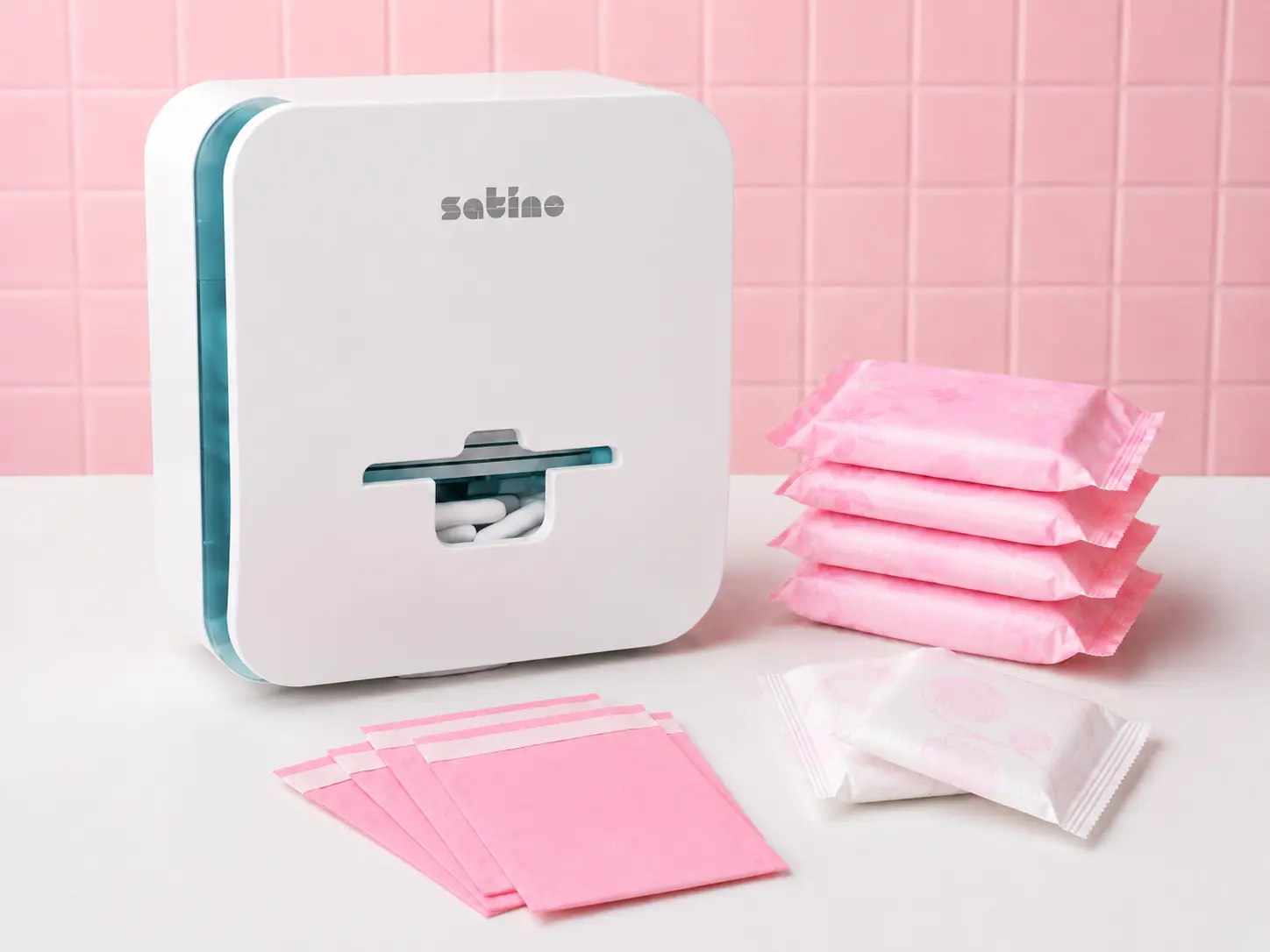 FemCare menstrual hygiene dispenser in a washroom cubicle