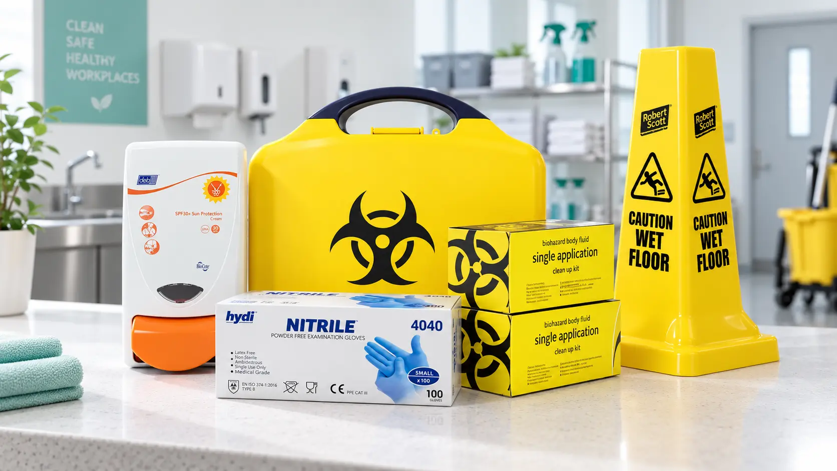 Commercial PPE and safety supplies including protective gloves and workplace safety signage