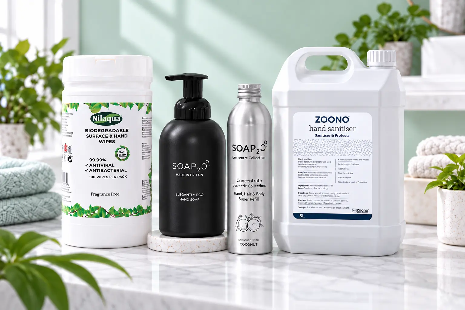 Hand soap, sanitiser and dispensers used in a commercial washroom