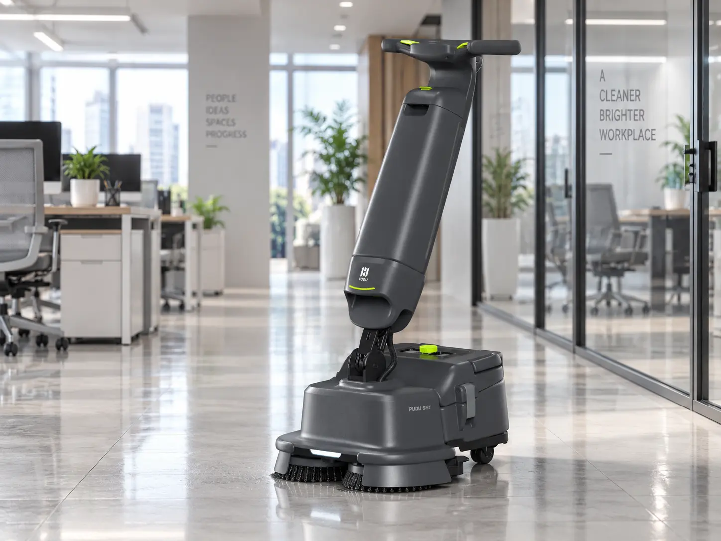PUDU SH1 smart upright scrubber dryer cleaning a commercial hard floor