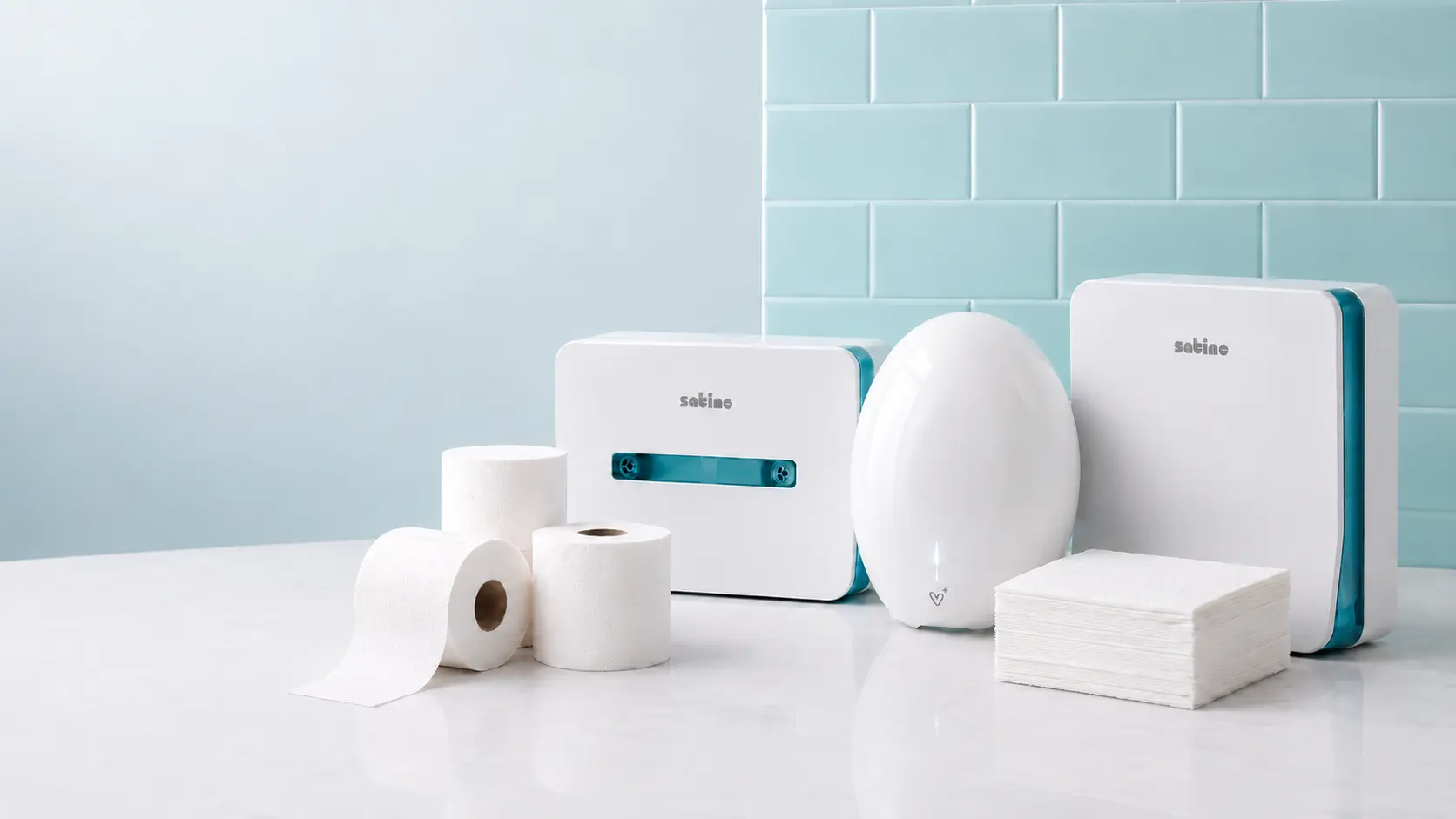 Commercial washroom with soap and paper towel dispensers