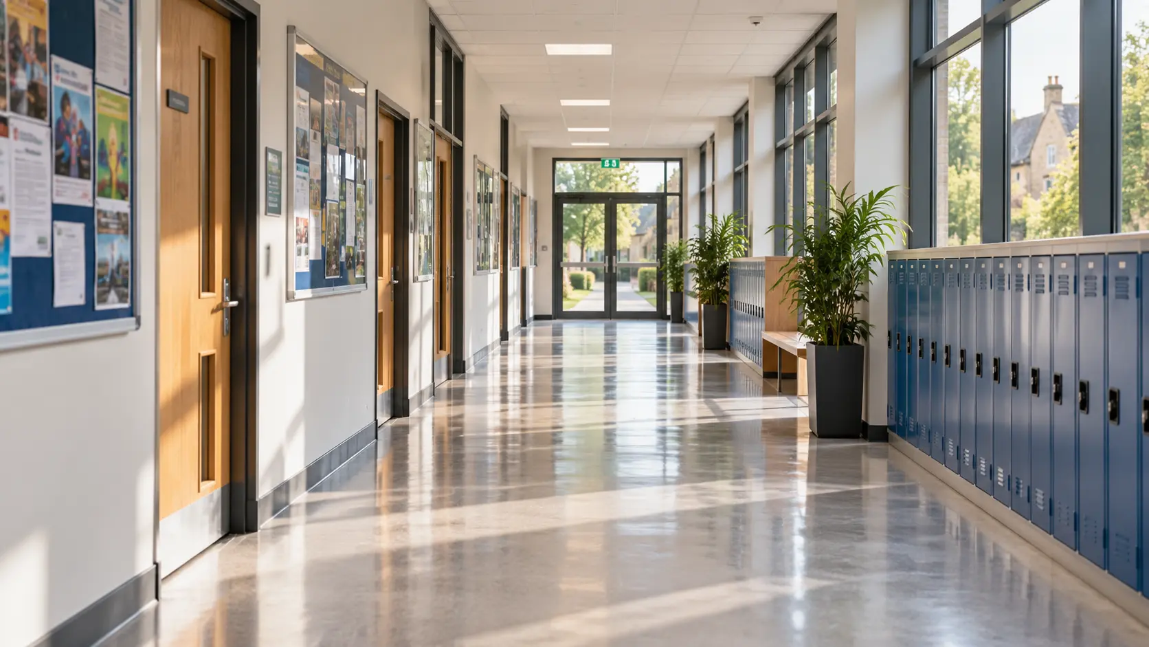 Commercial cleaning equipment in a school corridor