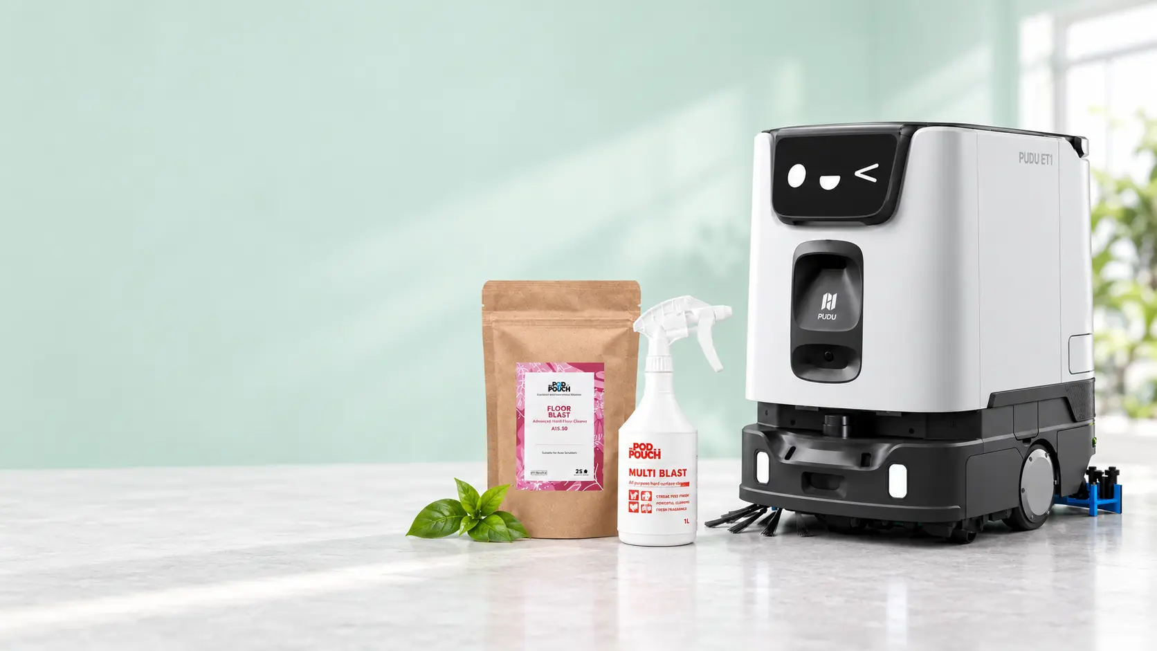 Pod in a Pouch Floor Blast pouch, Multi Blast spray bottle and a PUDU ET1 cleaning robot